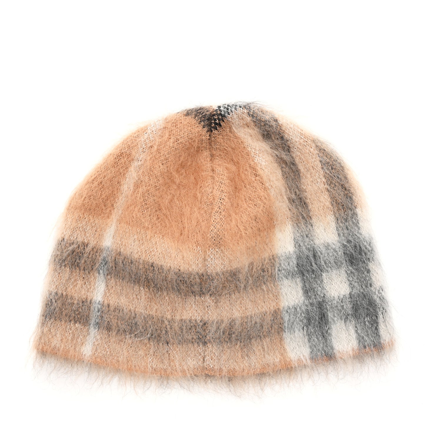 Mohair Giant Check Beanie Hat Beige