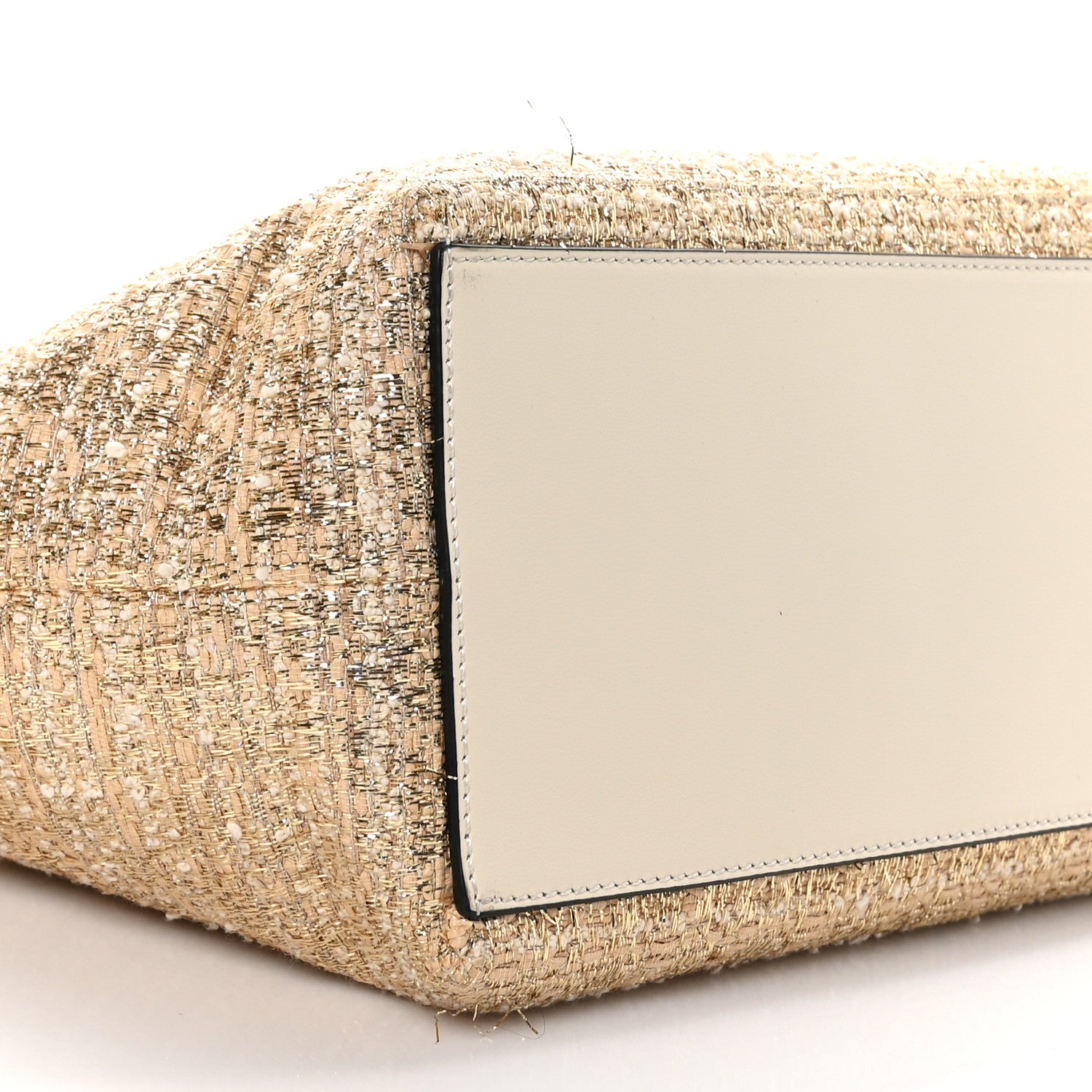 Valentino Garavani Metallic Boucle Raffia Calfskin Rockstud Shoulder Tote White Gold Ivory 8 of 9