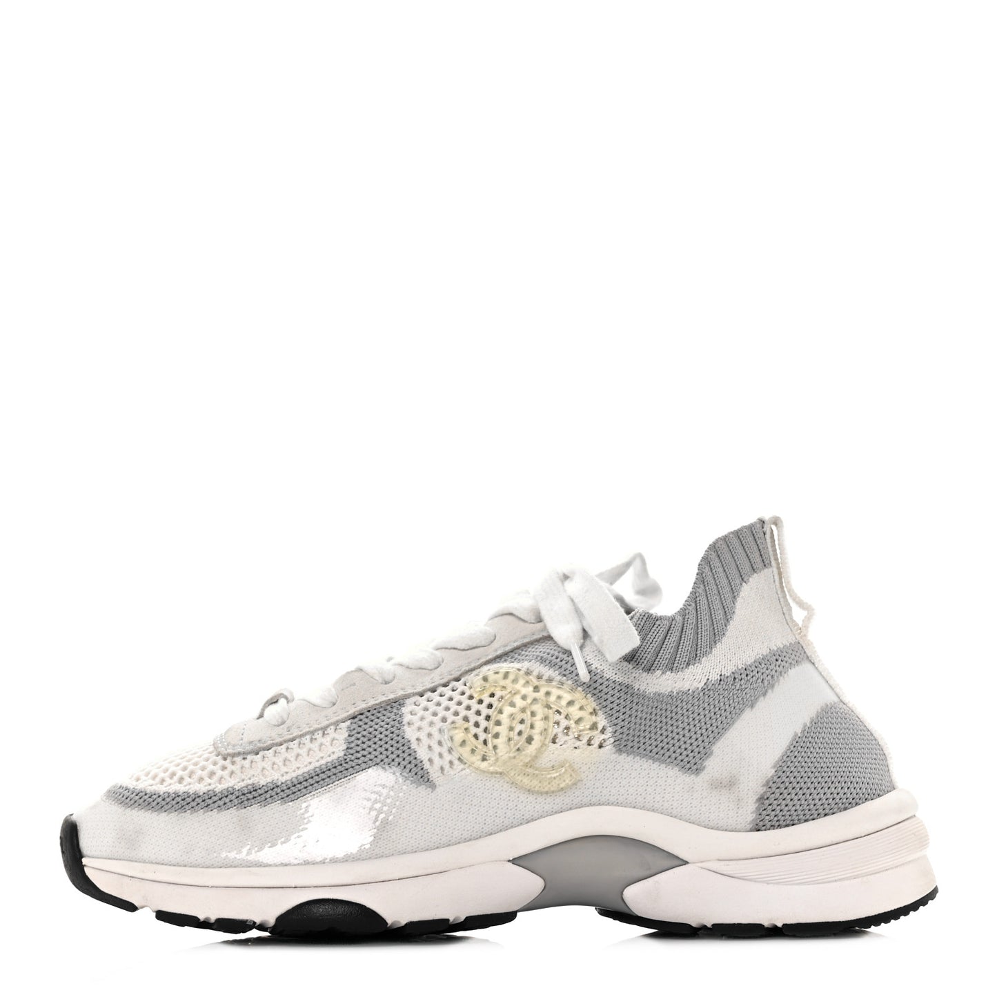 Fabric Suede Calfskin Stretch CC Sneakers 37 White Grey