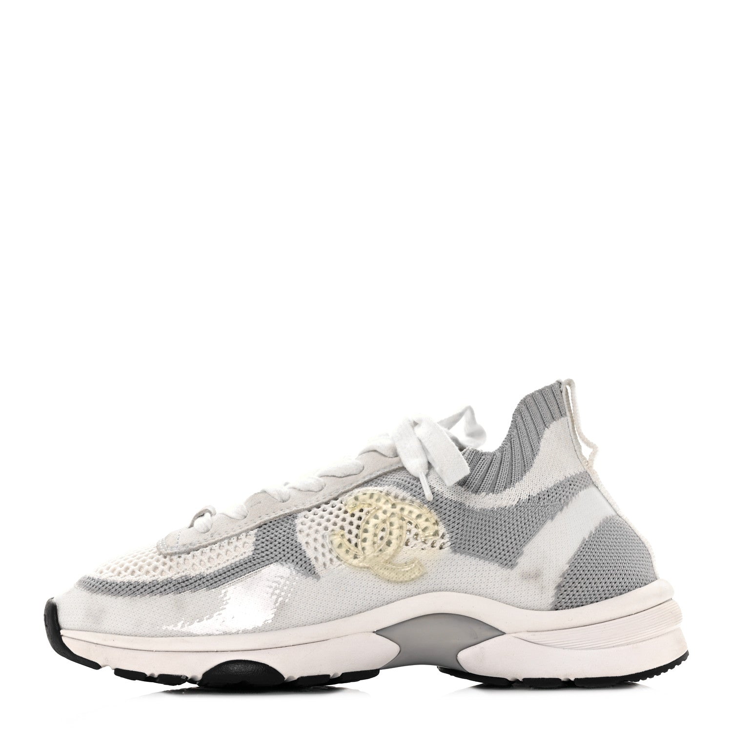 Chanel Fabric Suede Calfskin Stretch CC Sneakers 37 White Grey 1 of 5