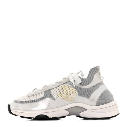 Chanel Fabric Suede Calfskin Stretch CC Sneakers 37 White Grey 1 of 5