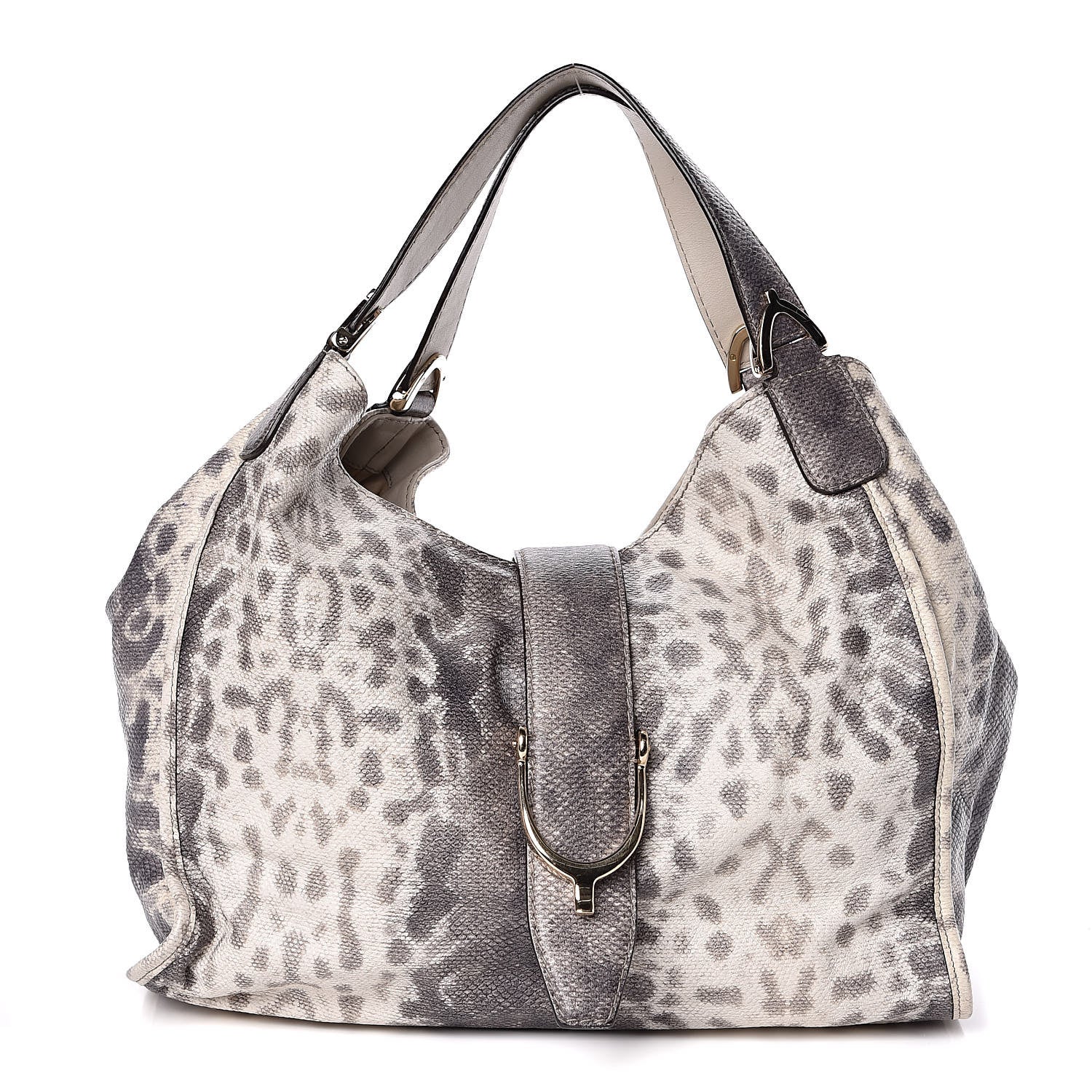Gucci Calfskin Animalier Karung Printed Medium Soft Stirrup Shoulder Bag Gray 1 of 10