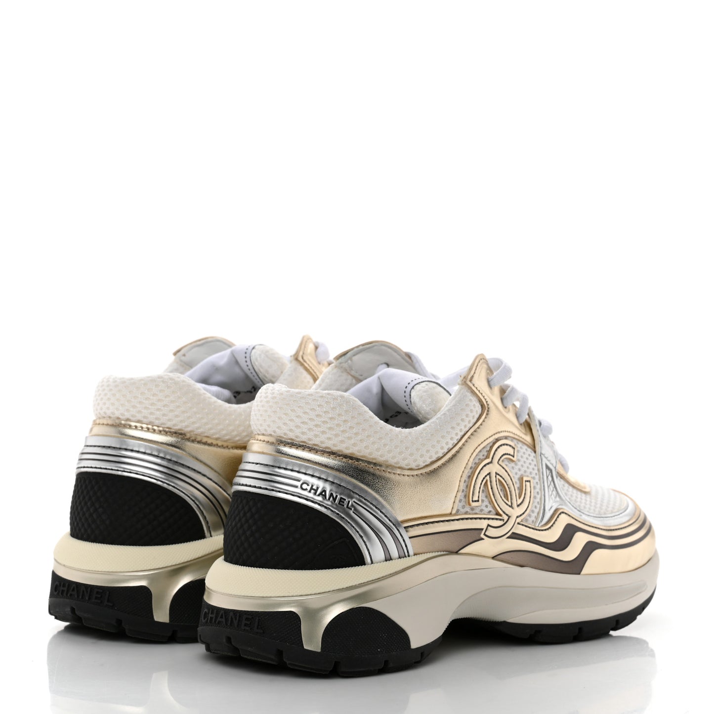 Fabric Laminated Calfskin Stretch CC Sneakers 36 White Gold Silver