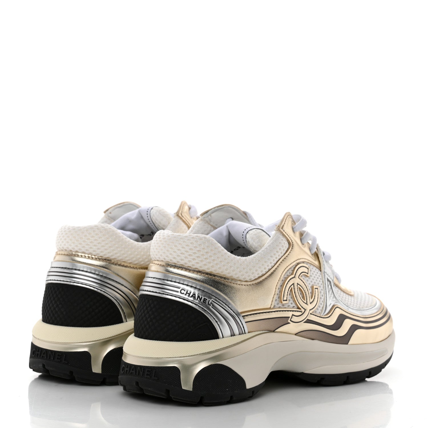 Chanel Fabric Laminated Calfskin Stretch CC Sneakers 36 White Gold Silver 4 of 9