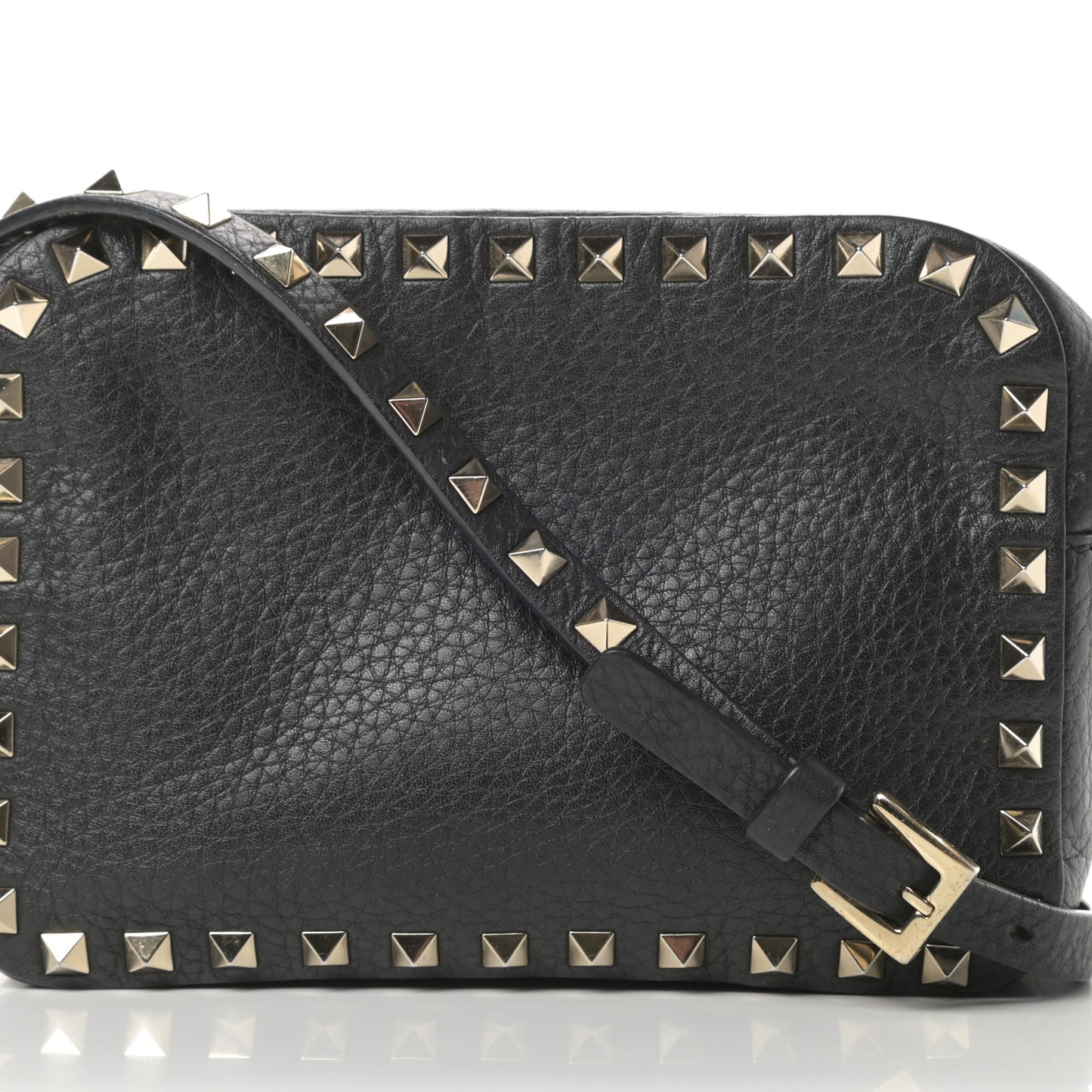 Pebbled Calfskin Rockstud Camera Crossbody Bag Black