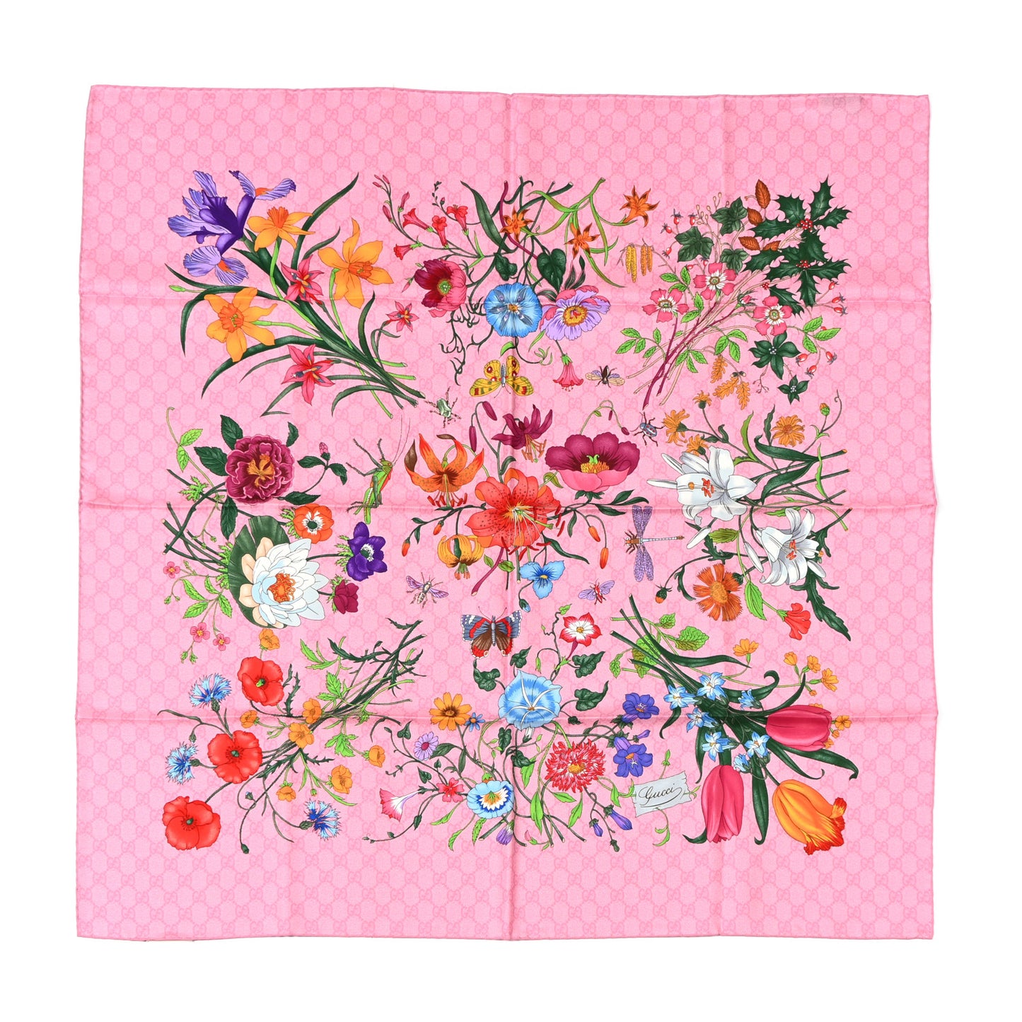 Silk Twill GG Monogram Flora GG Square Scarf Pink