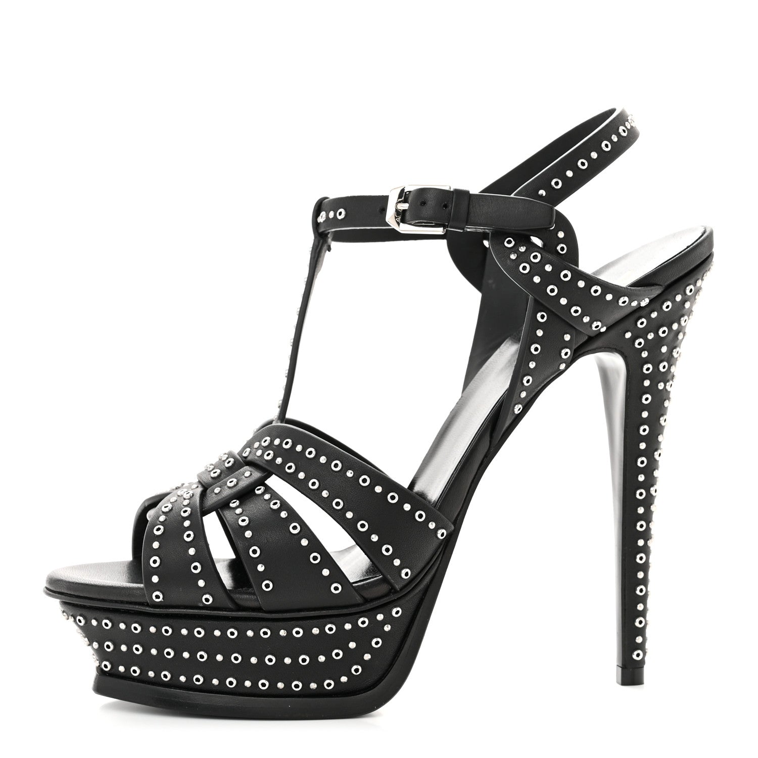 Saint Laurent Calfskin Eyelet Studded Tribute 105 Platform Sandals 39 Black 1 of 9