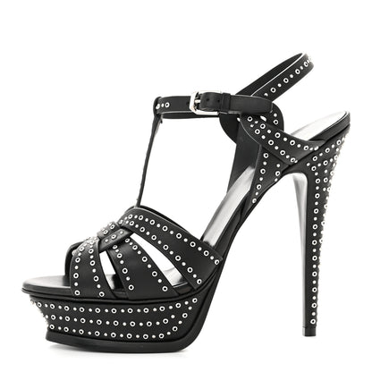 Saint Laurent Calfskin Eyelet Studded Tribute 105 Platform Sandals 39 Black 1 of 9