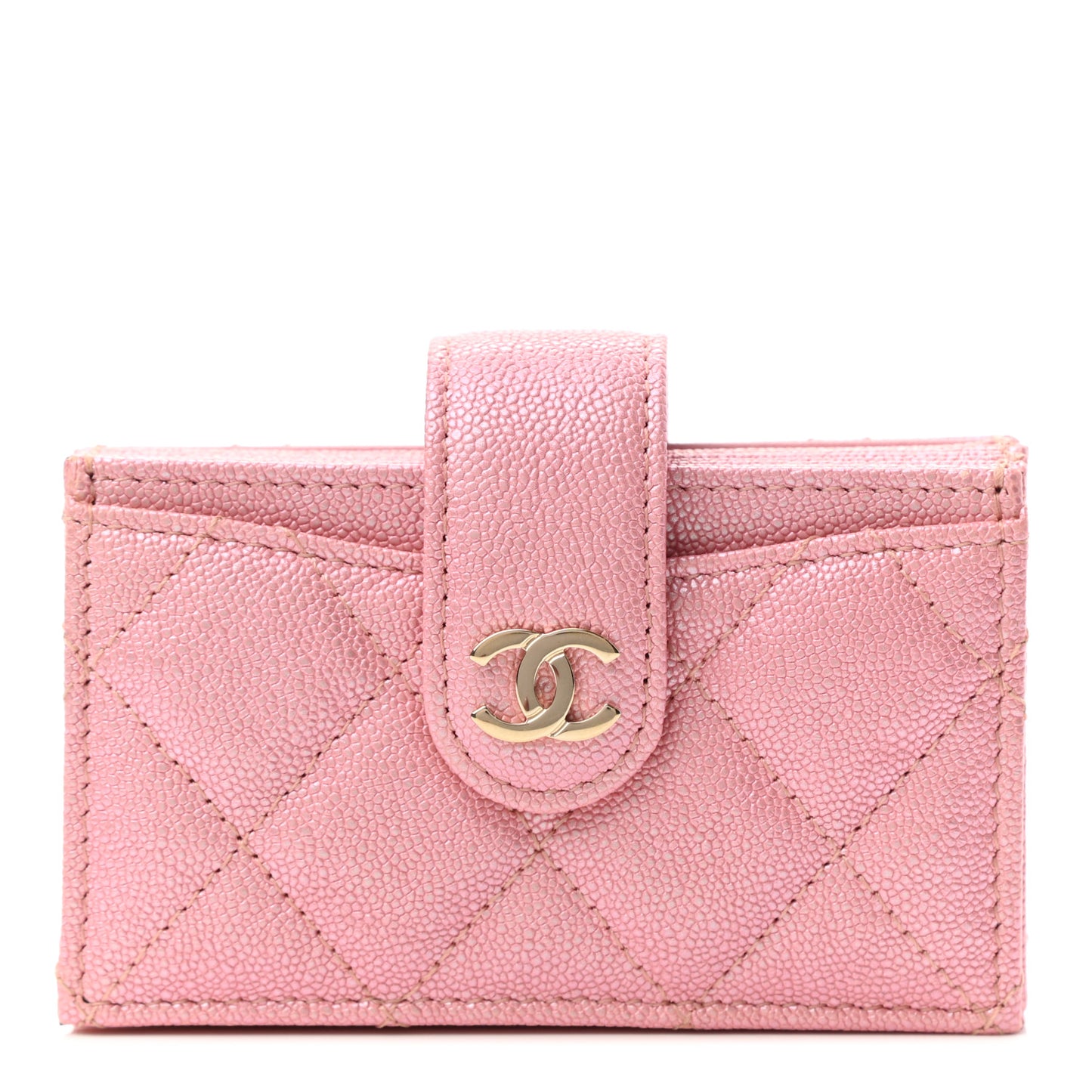 Iridescent Caviar Quilted Gusseted Card Holder Pink