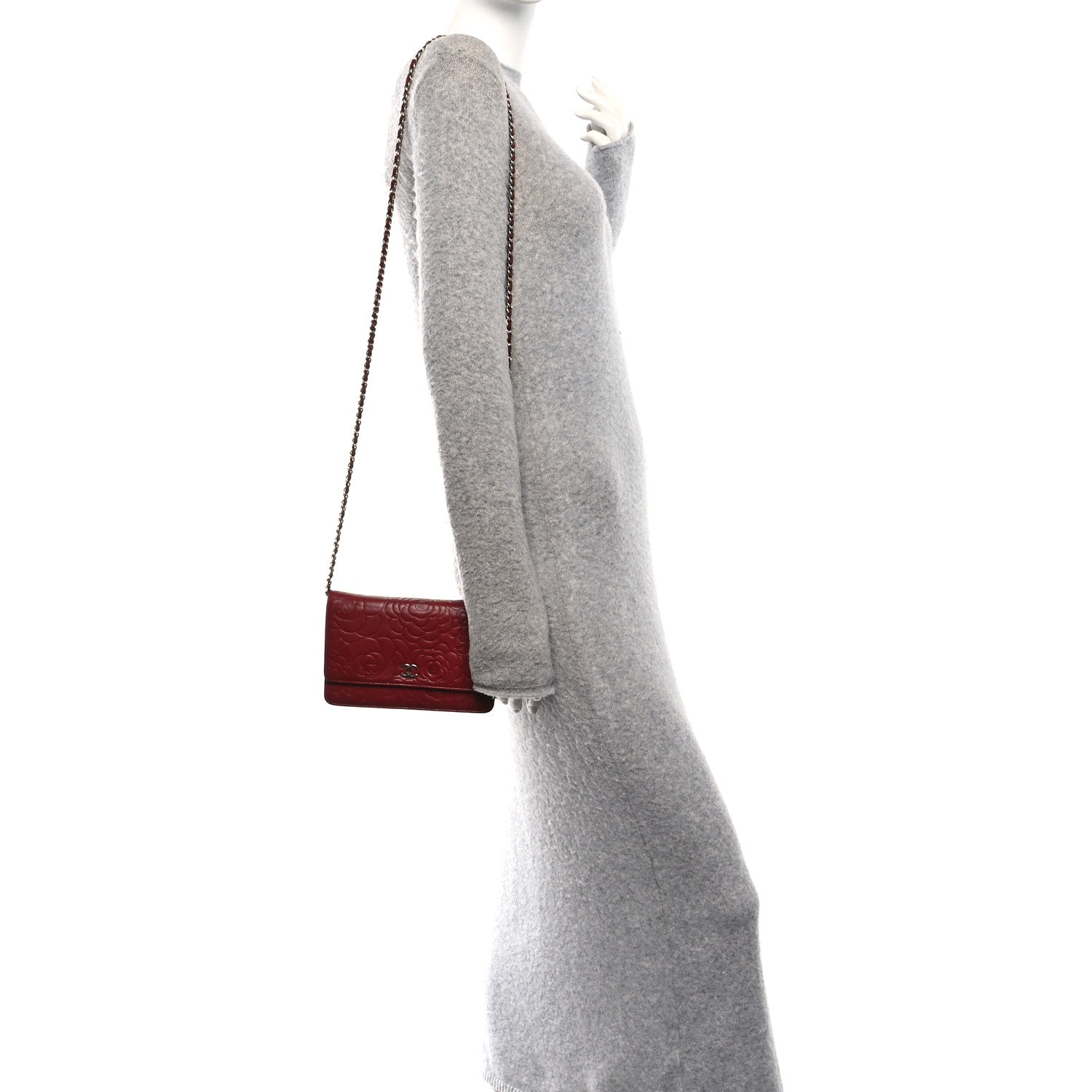 Chanel Lambskin Camellia Embossed Wallet on Chain WOC Red 2 of 11