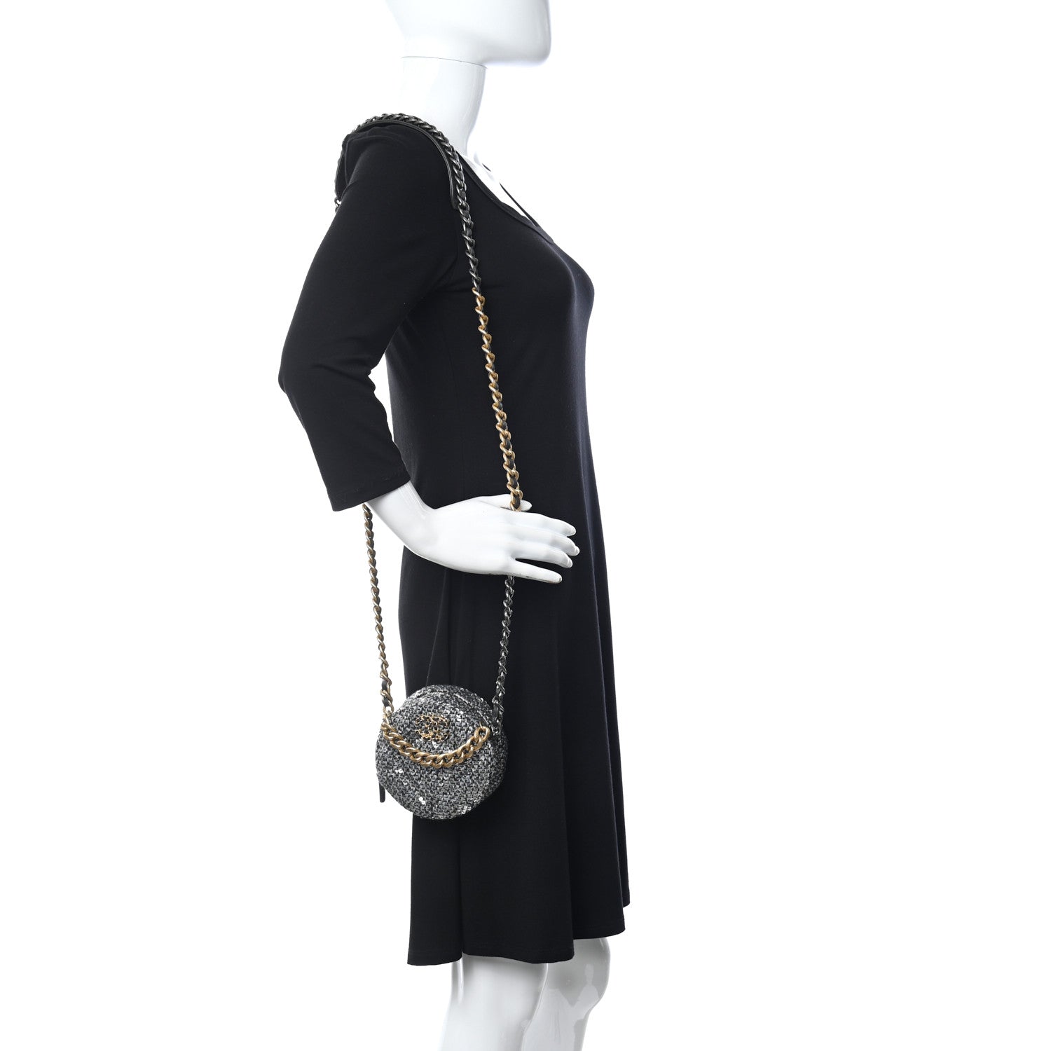 Chanel Sequin Chanel 19 Round Clutch With Chain Silver Black 2 of 9