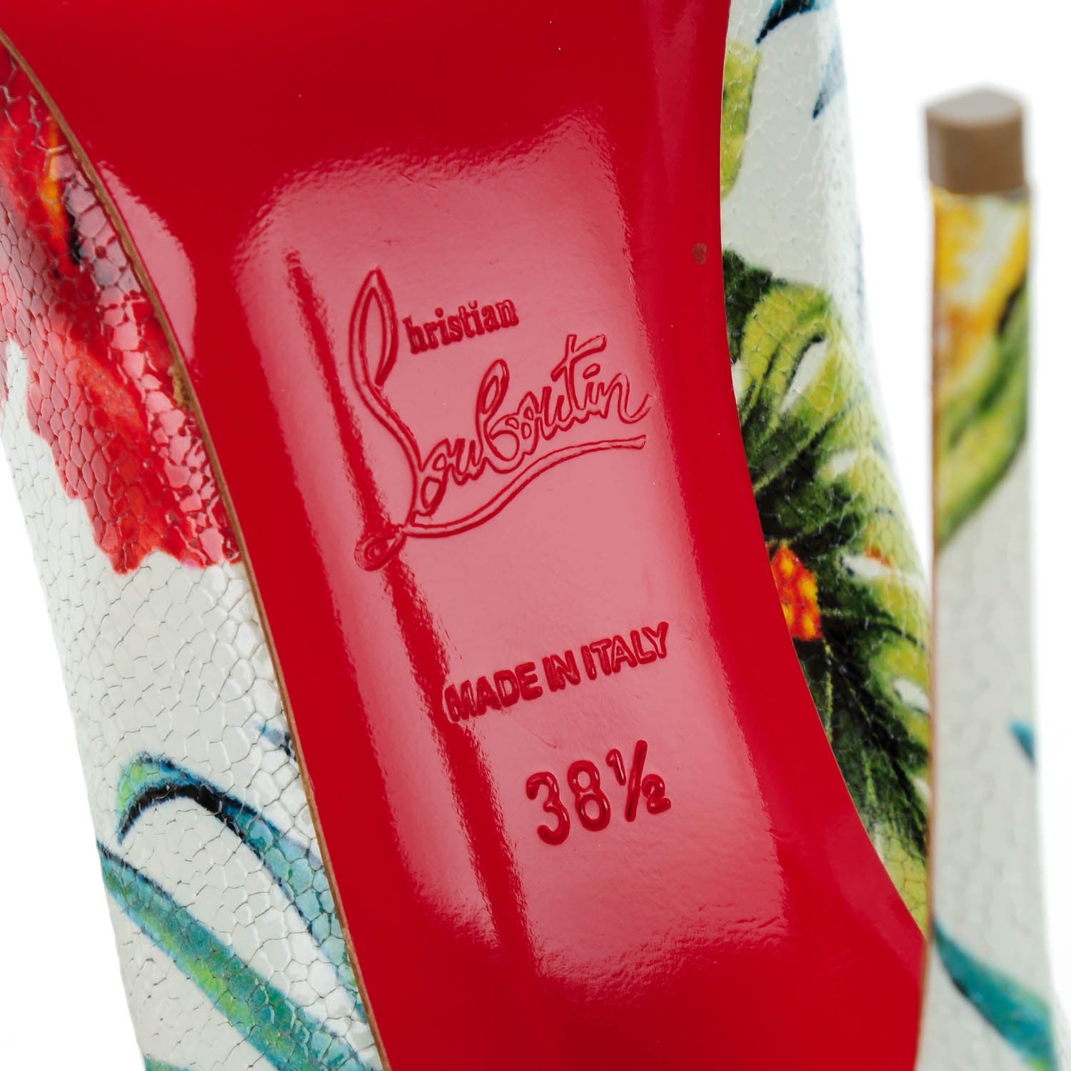 Christian Louboutin Crackled Calfskin Hawaii Print So Kate 120 Pumps 38.5 White Multi 5 of 7