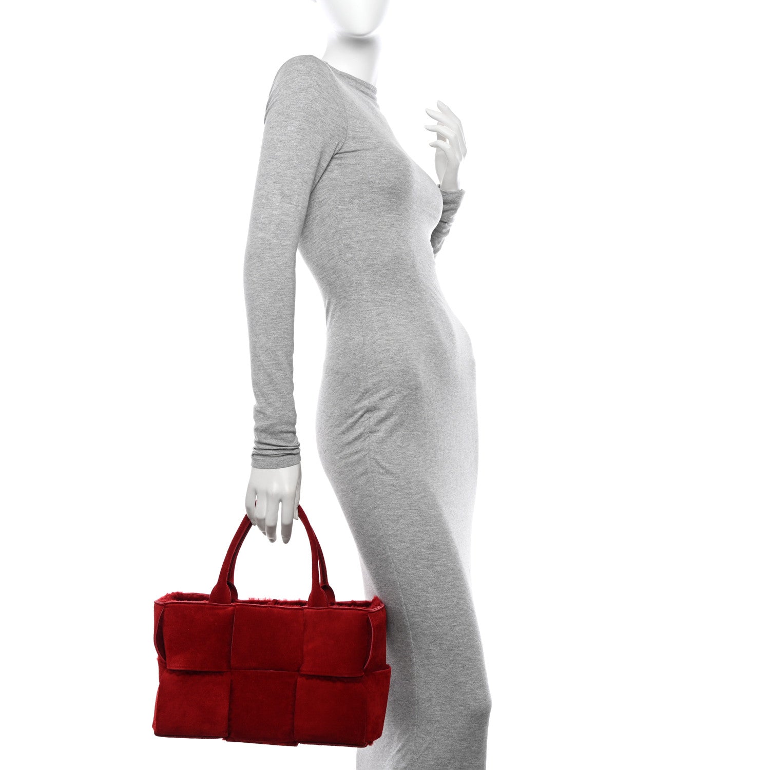 Bottega Veneta Suede Shearling Maxi Intrecciato Small Arco Tote Red 2 of 12