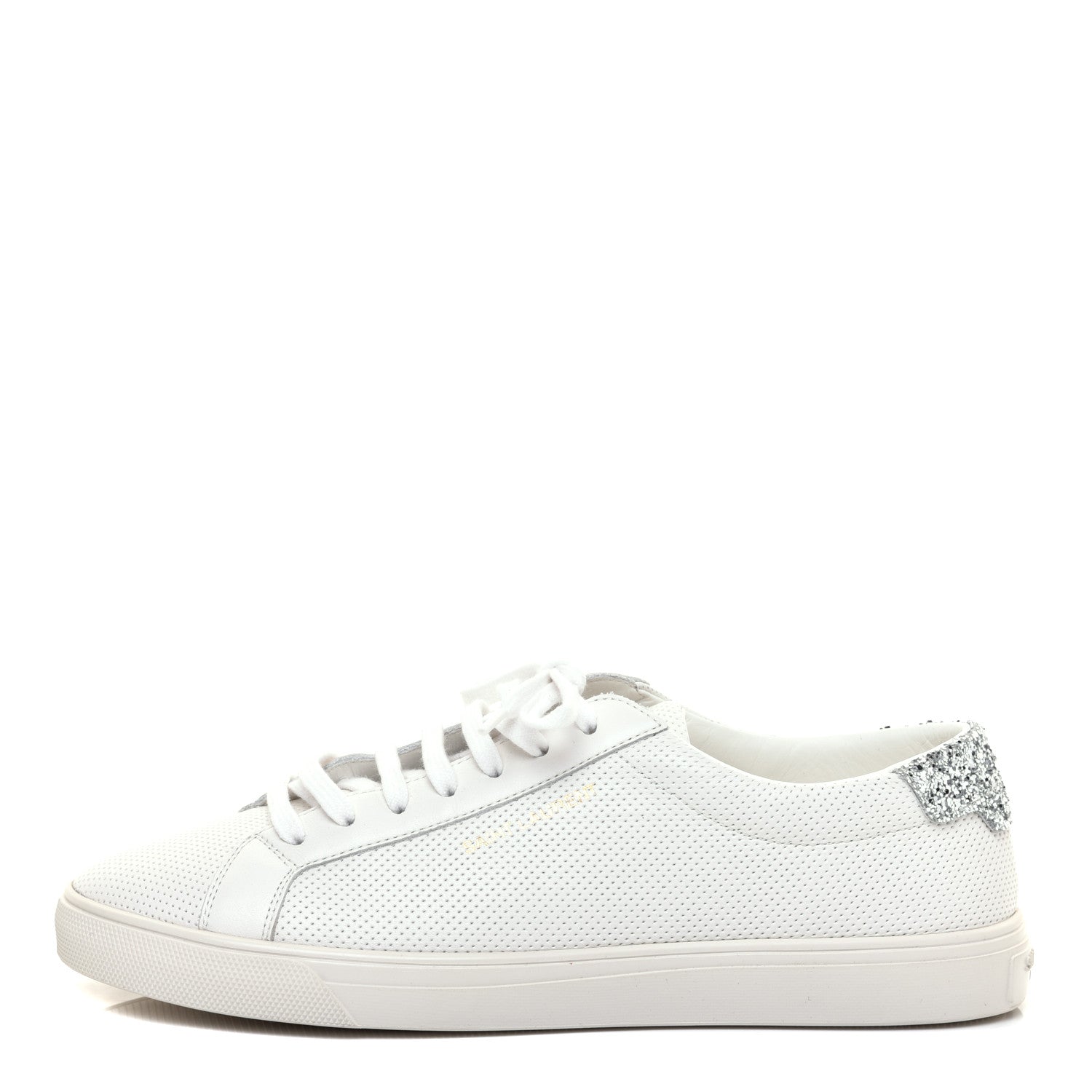 Saint Laurent Perforated Calfskin Glitter Andy Low Top Sneakers 38.5 White Silver 1 of 8