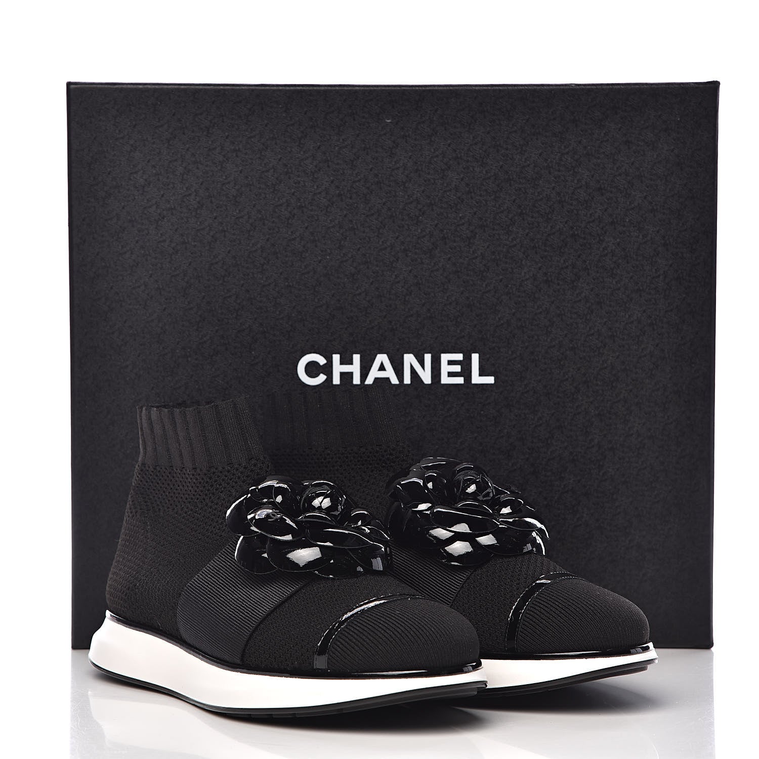 Chanel Knit Patent Calfskin Womens High Top Camellia Sneakers 36.5 Black 9 of 9