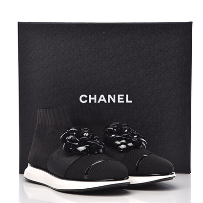 Chanel Knit Patent Calfskin Womens High Top Camellia Sneakers 36.5 Black 9 of 9