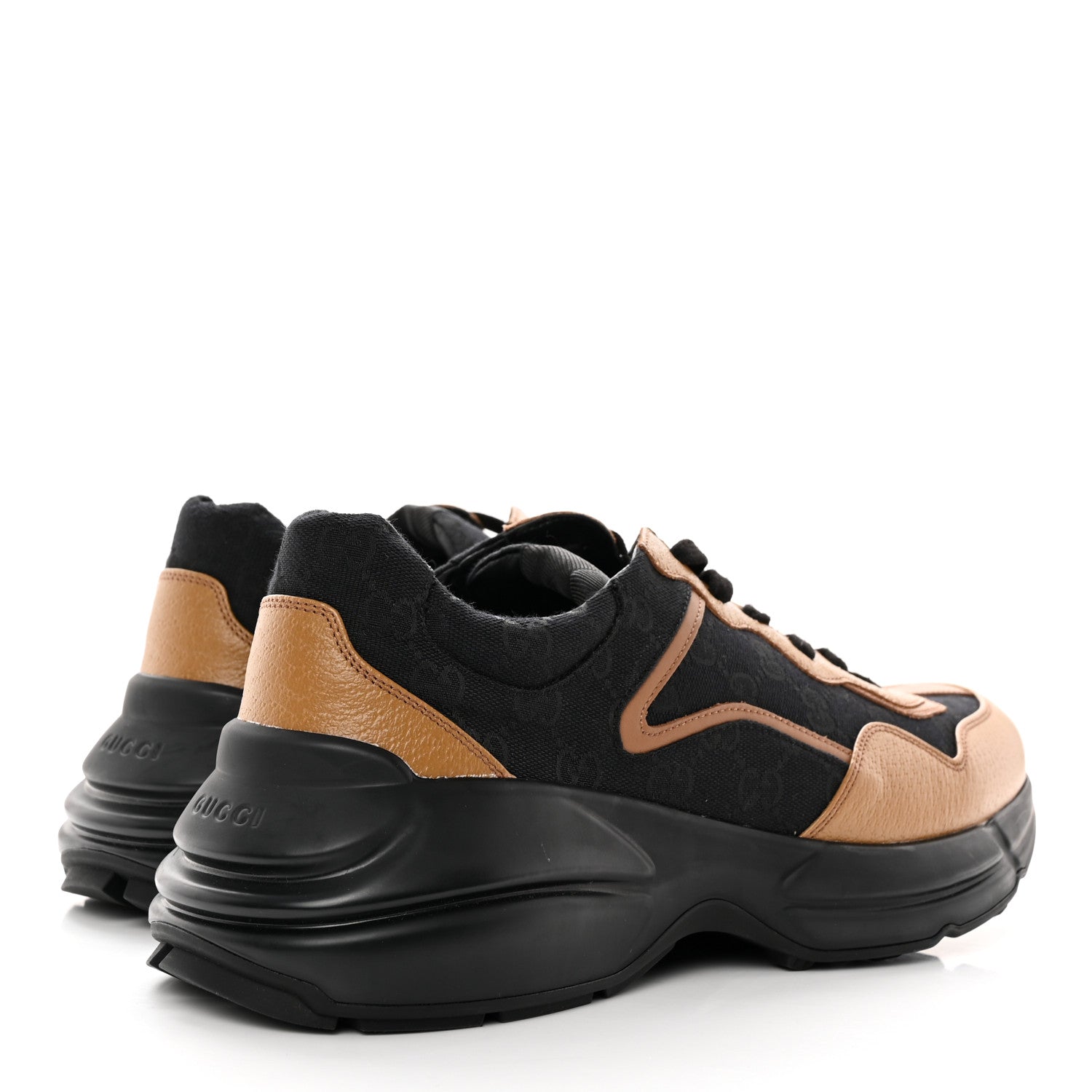 Gucci Monogram Textured Dollar Calfskin Mens Rhyton Sneakers 11 Black Khaki Beige 5 of 16