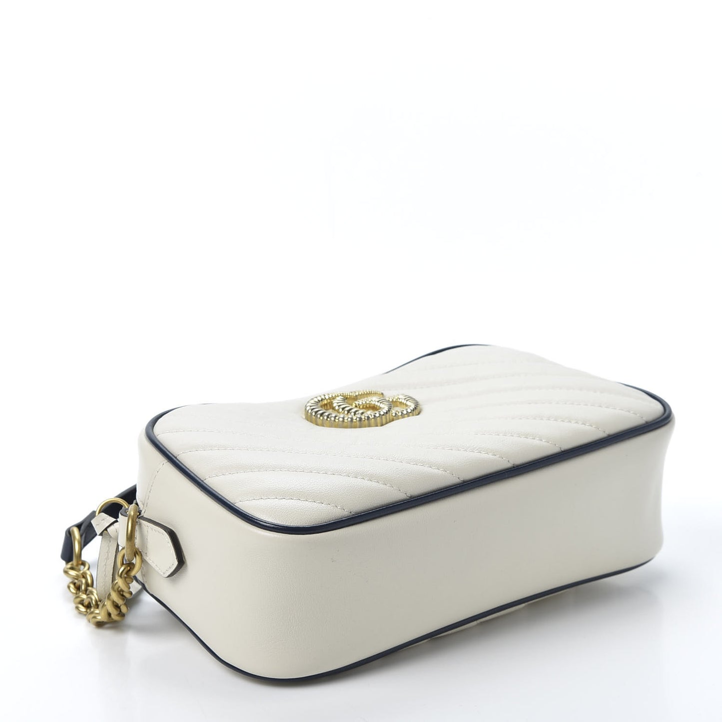 Vintage Effect Calfskin Matelasse Diagonal Small Torchon GG Marmont Chain Shoulder Bag Mystic White Blue Agata