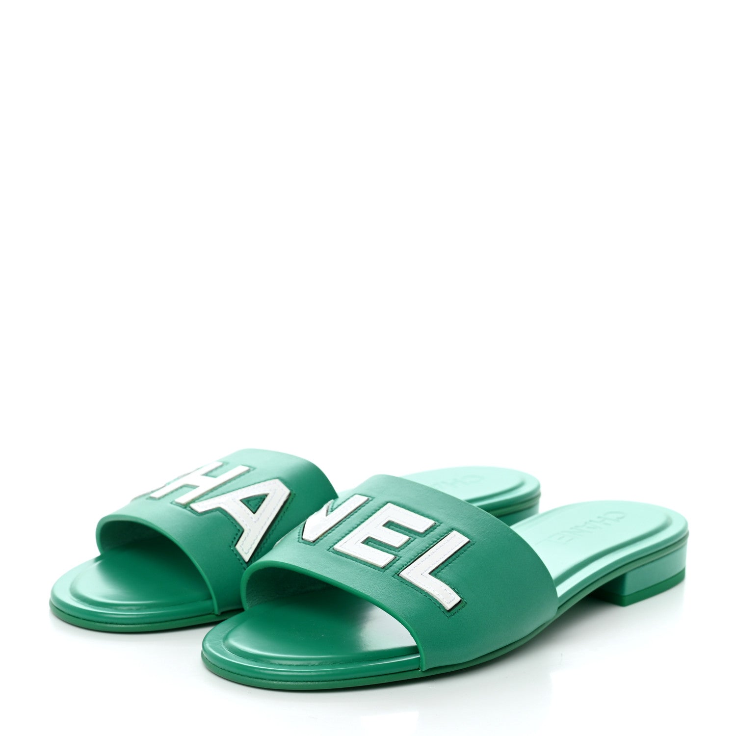 Chanel Calfskin Patent Calfskin Logo Mules 40 Green White 3 of 8
