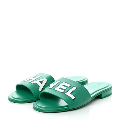 Chanel Calfskin Patent Calfskin Logo Mules 40 Green White 3 of 8