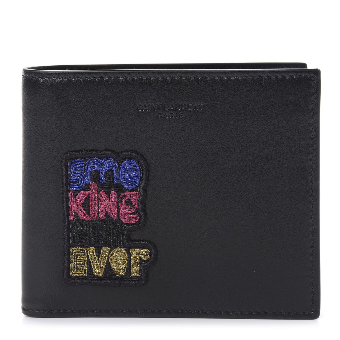 Calfskin Smoking Forever Patch Bifold Wallet Black