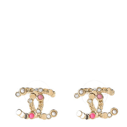 Chanel Crystal CC Earrings Gold Pink Multicolor Pearly White 1 of 5