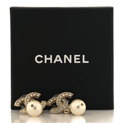 Chanel Crystal Timeless CC Pearl Drop Earrings Light Gold 5 of 5