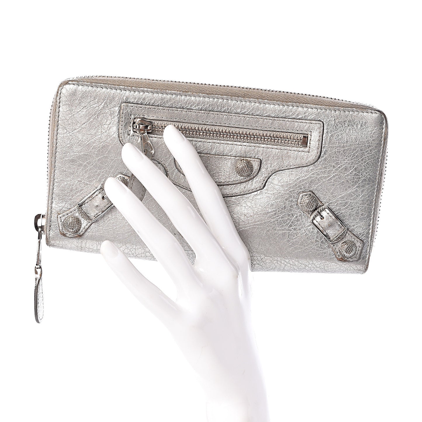 Agneau Giant 12 Silver Hardware Continental Zip Around Wallet Gris Aluminum
