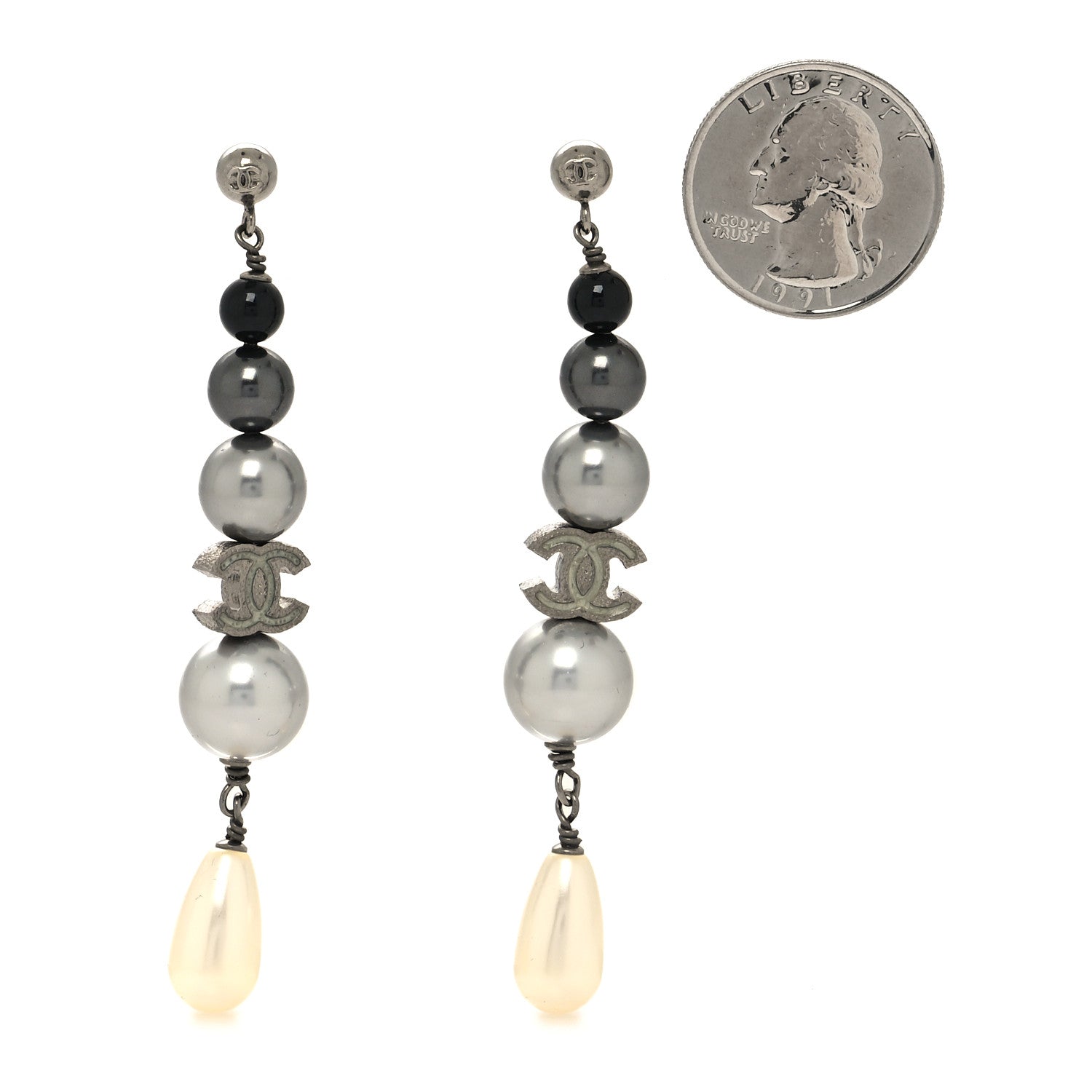 Chanel Ruthenium Pearl CC Drop Earrings Grey 2 of 3