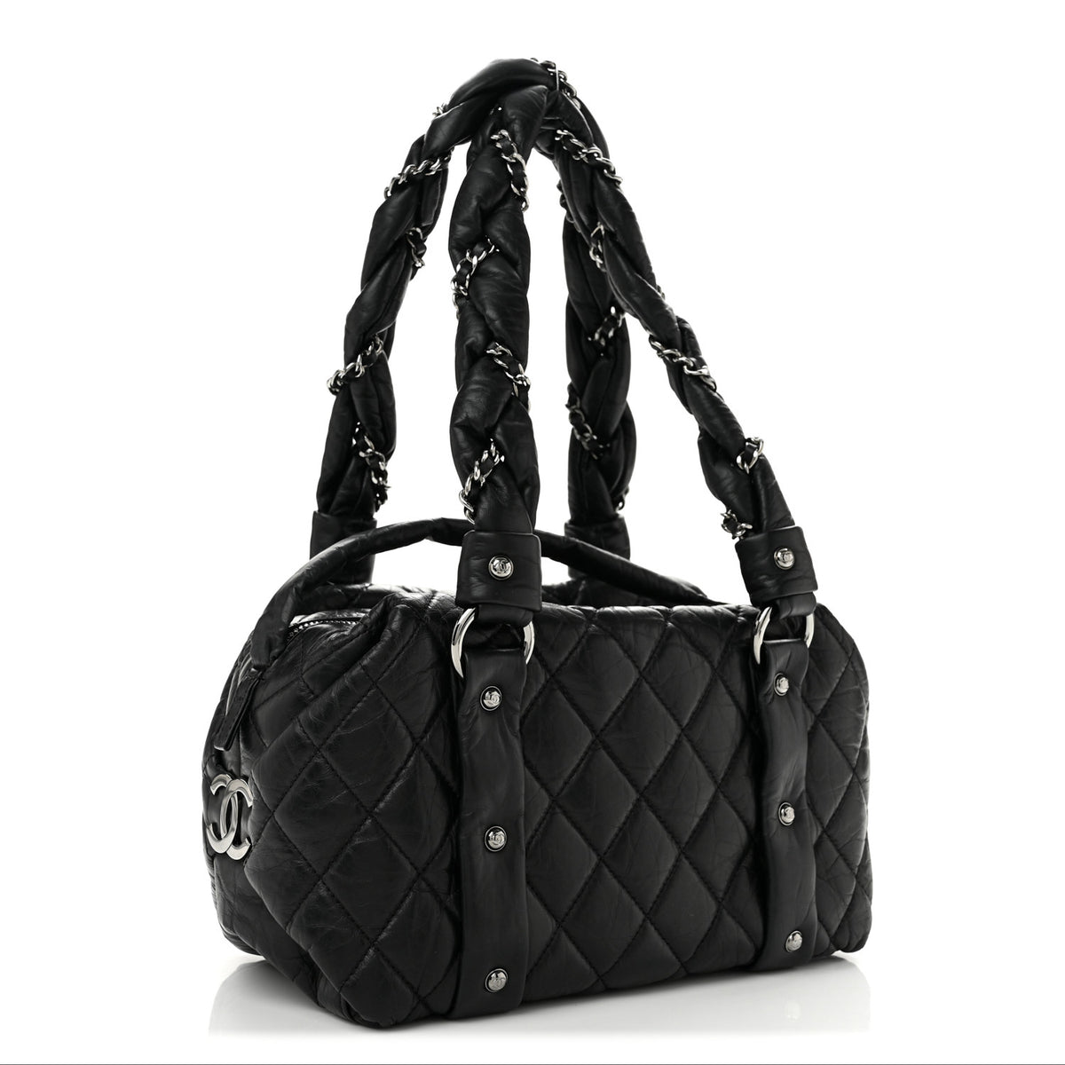 Distressed Lambskin Small Lady Braid Tote  Black