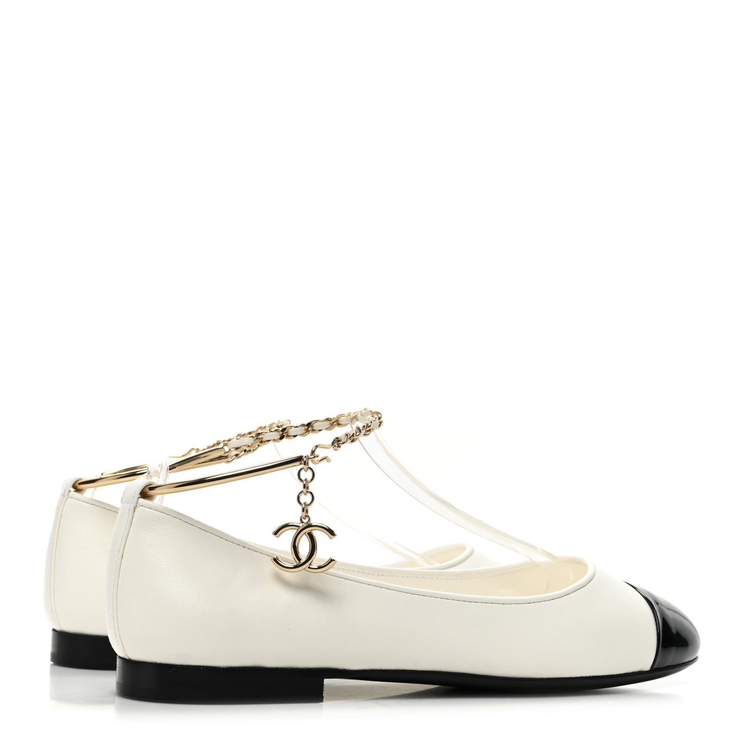 Lambskin Patent Calfskin Cap Toe Ankle Chain Ballerina Flats 36 White Black