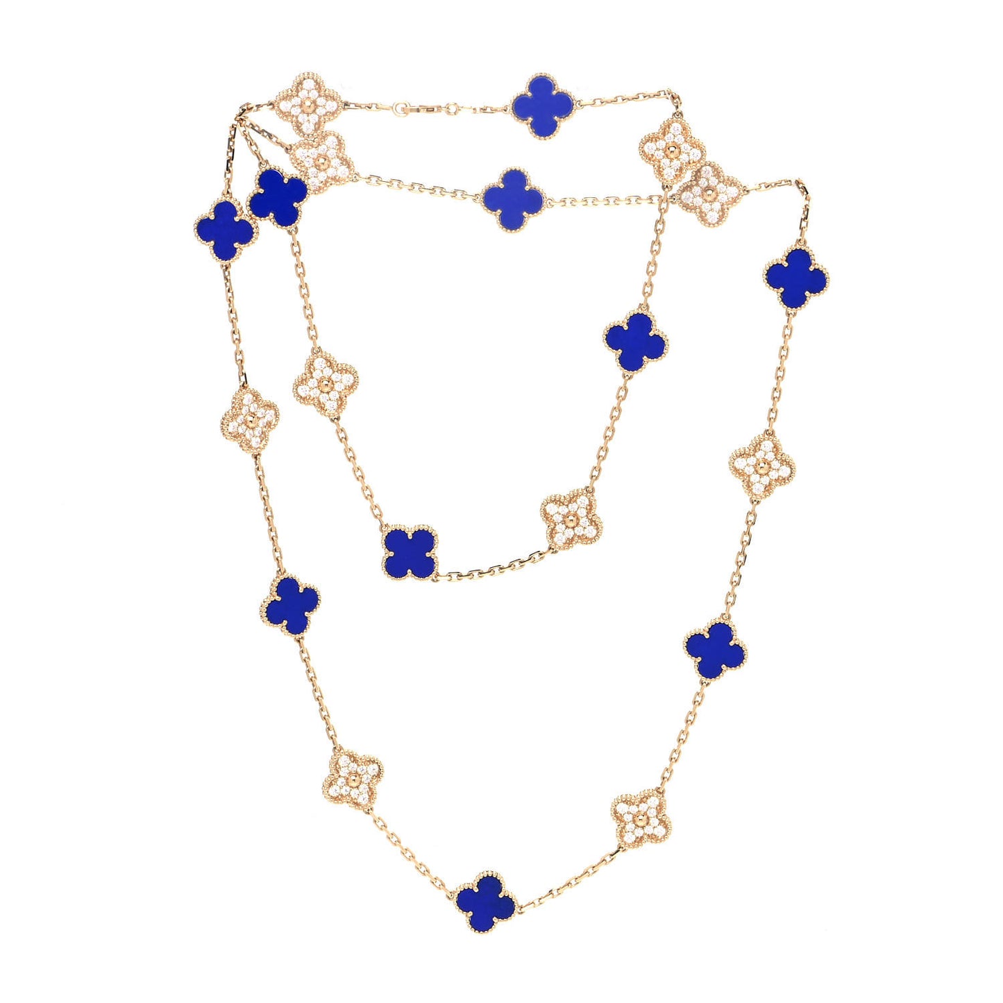 18K Yellow Gold Diamond Lapis 20 Motifs Vintage Alhambra Necklace