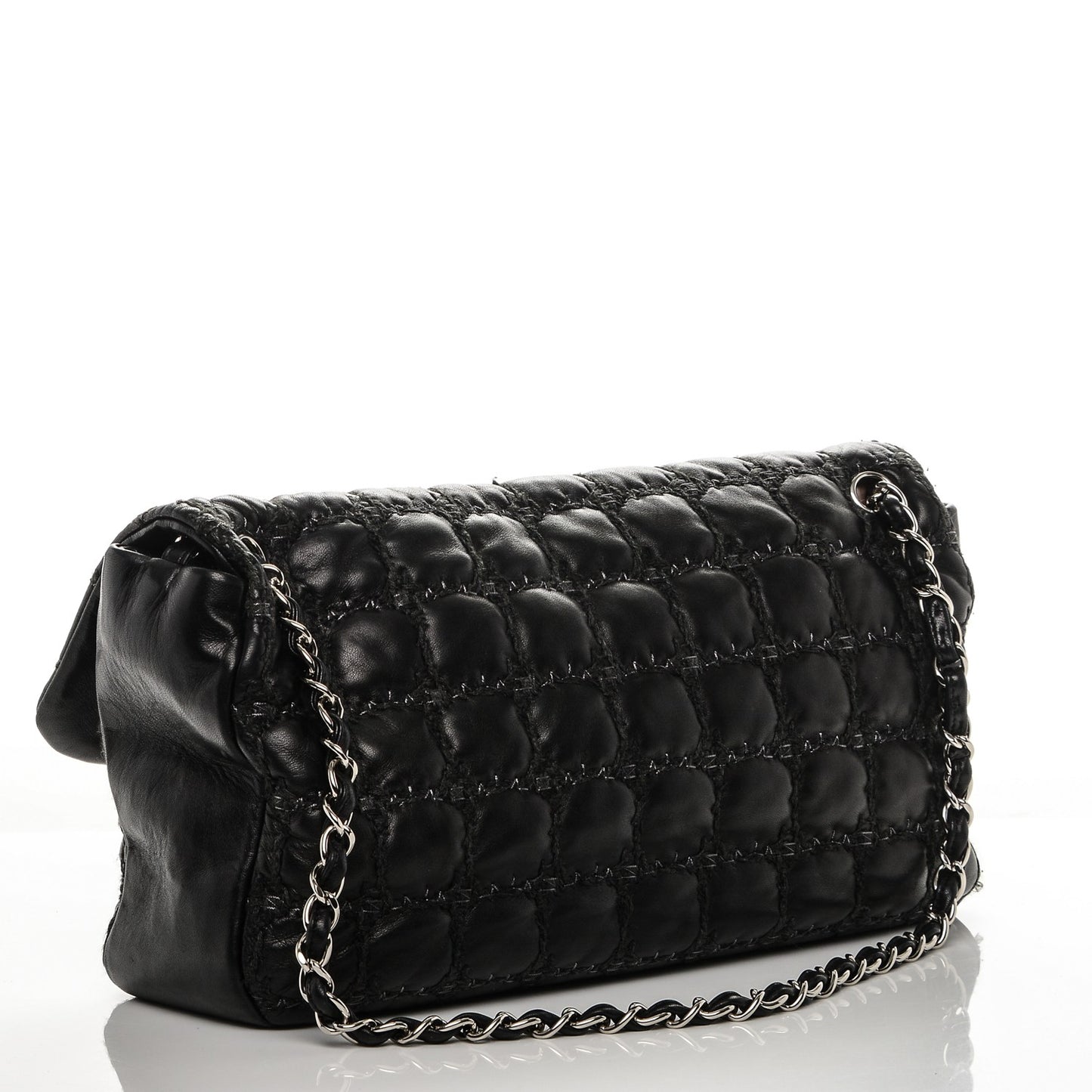 Lambskin Tweed Double Stitch Maxi Flap Black