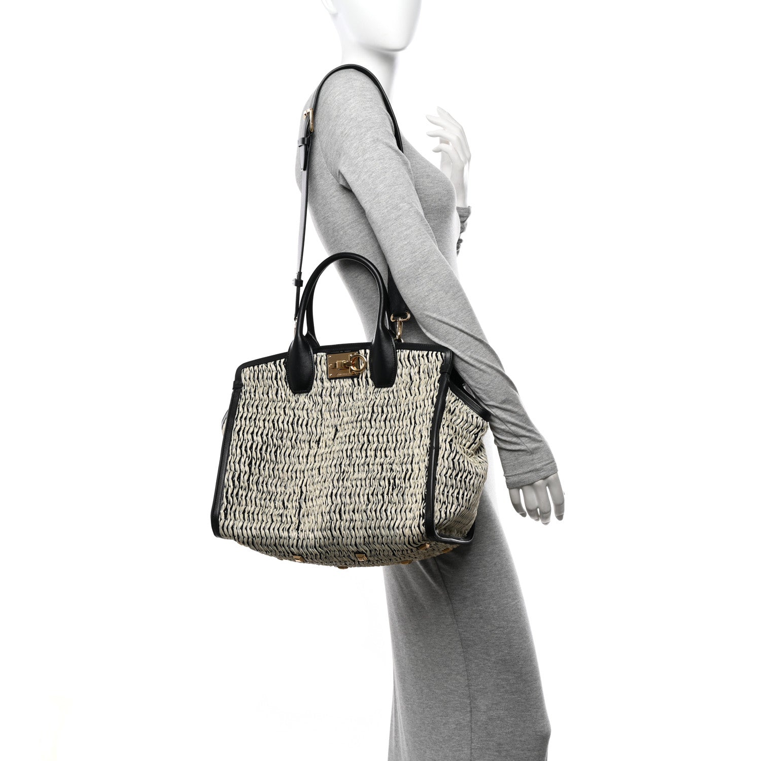Salvatore Ferragamo Raffia Large Studio Bag Black White 2 of 11