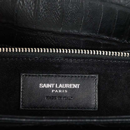 Saint Laurent Calfskin Crocodile Embossed Medium Monogram Universite Bag Black 6 of 7