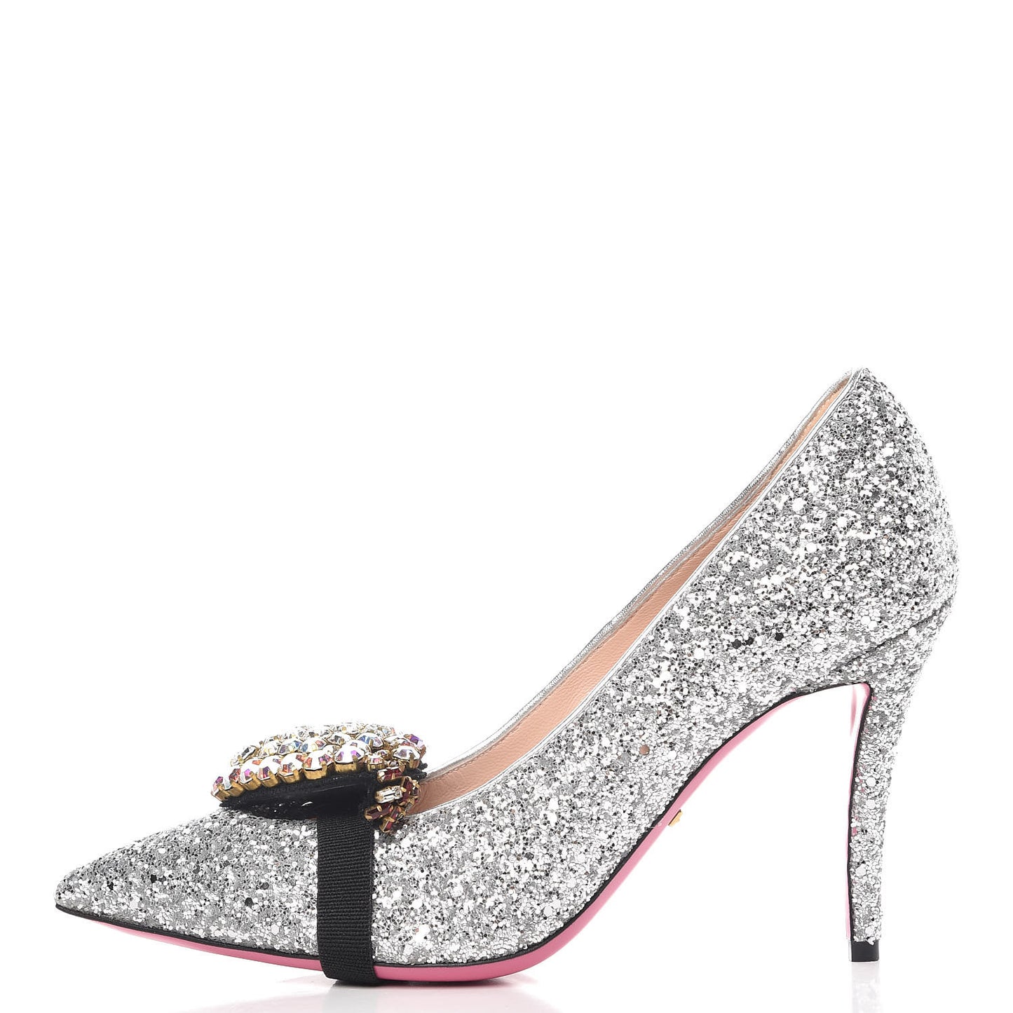 Nappa Silk Glitter Removable Crystal Heart Pumps 38.5 Argento