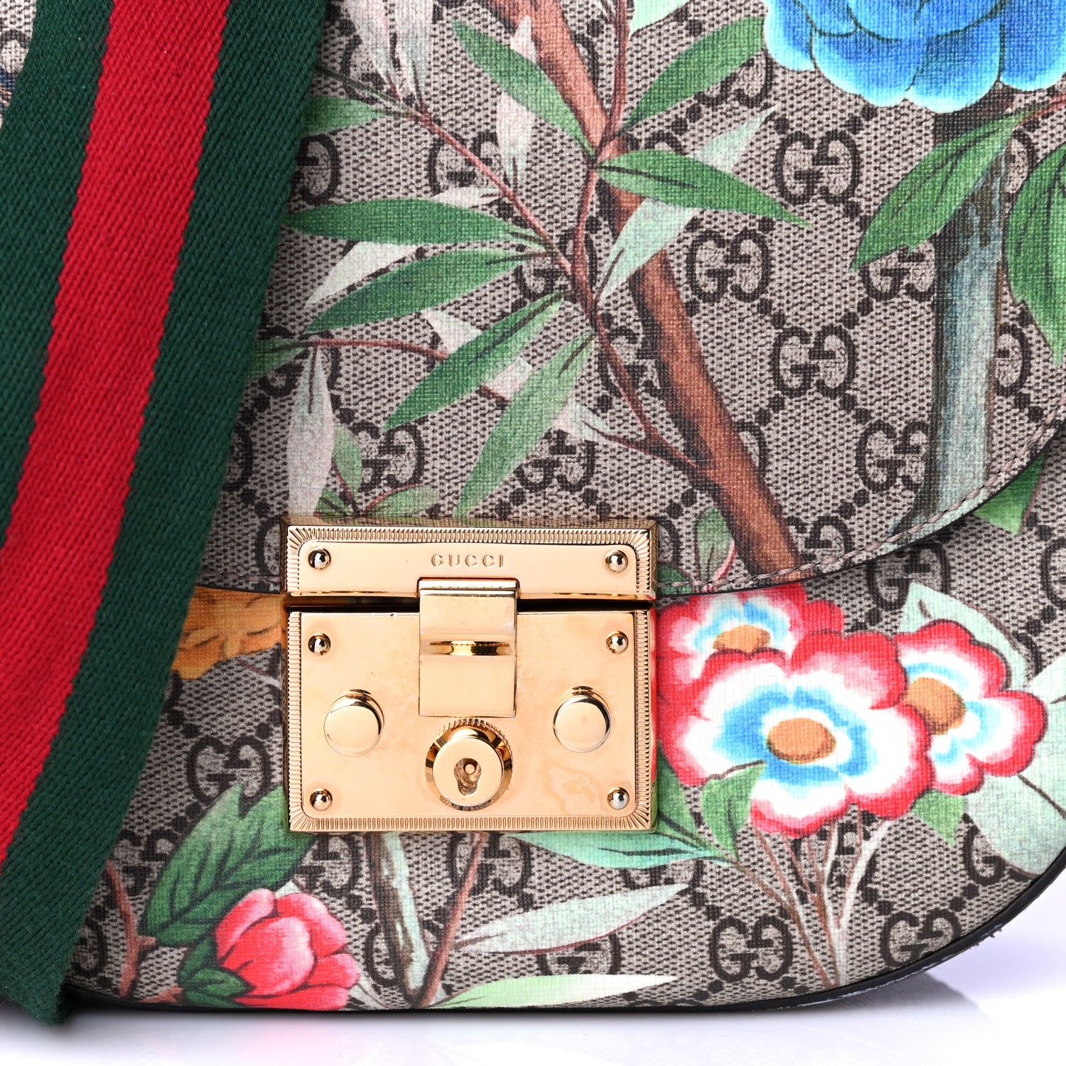 Gucci GG Supreme Monogram Tian Web Medium Padlock Messenger Shoulder Bag Beige Multicolor New Acero 9 of 12