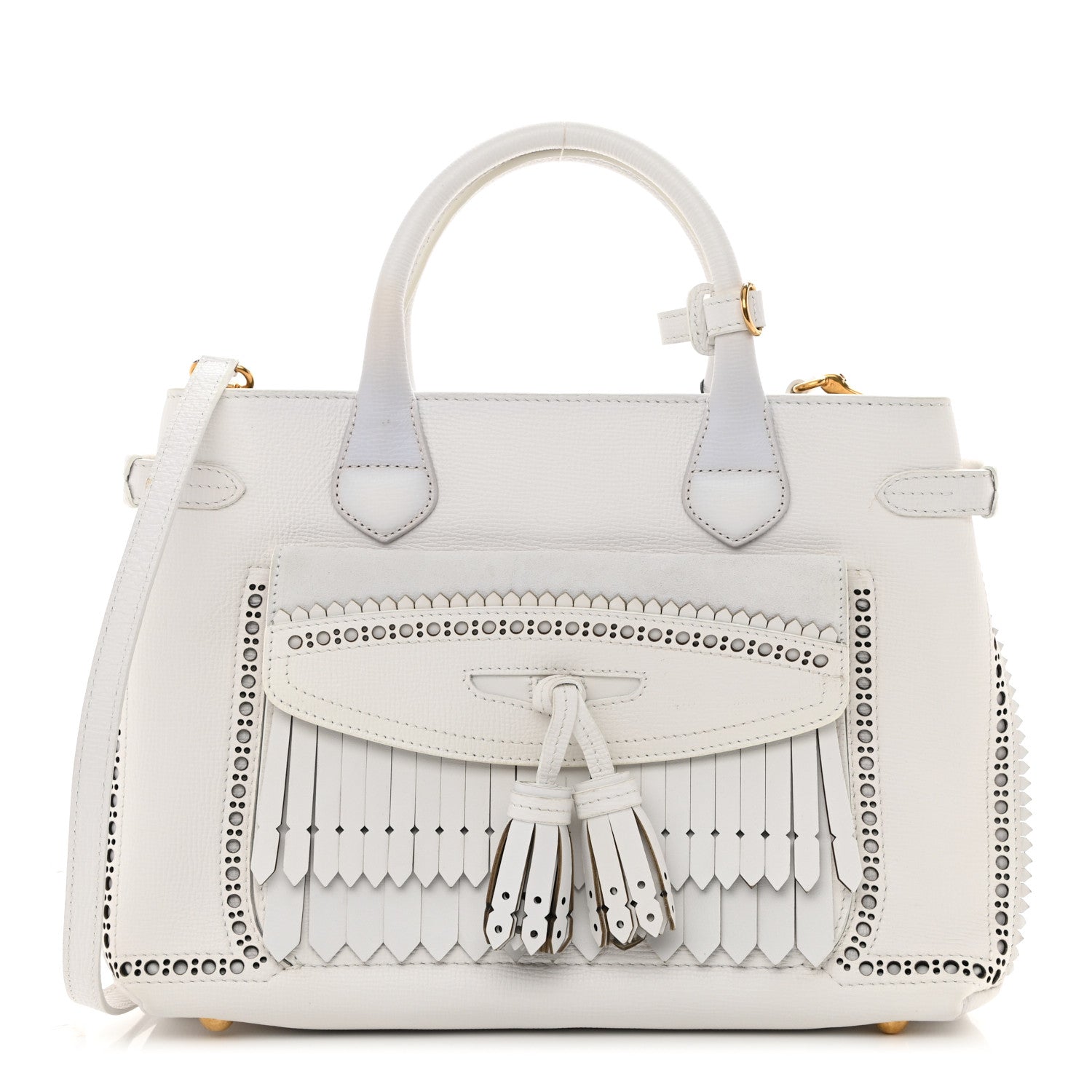 Burberry Grainy Calfskin Perforated Medium Broguing Tassel Banner Tote Chalk White 1 of 9