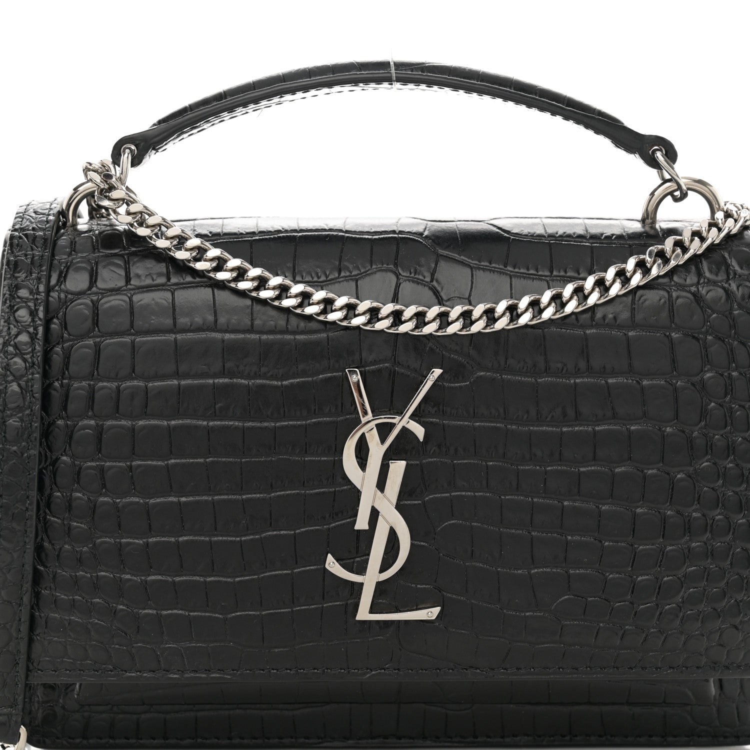 Saint Laurent Calfskin Crocodile Embossed Monogram Sunset Chain Wallet Black 6 of 11
