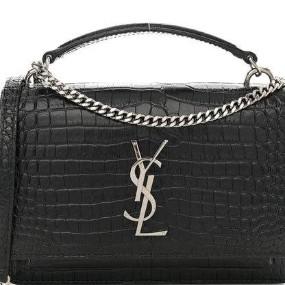 Saint Laurent Calfskin Crocodile Embossed Monogram Sunset Chain Wallet Black 6 of 11