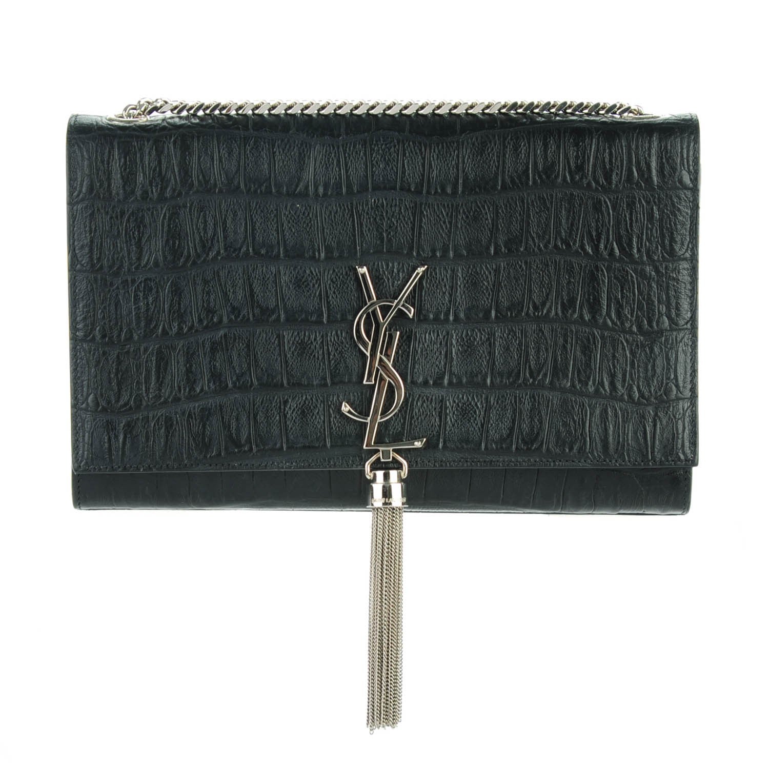 Saint Laurent Calfskin Crocodile Embossed Medium Classic Monogram Kate Tassel Satchel Black 1 of 6