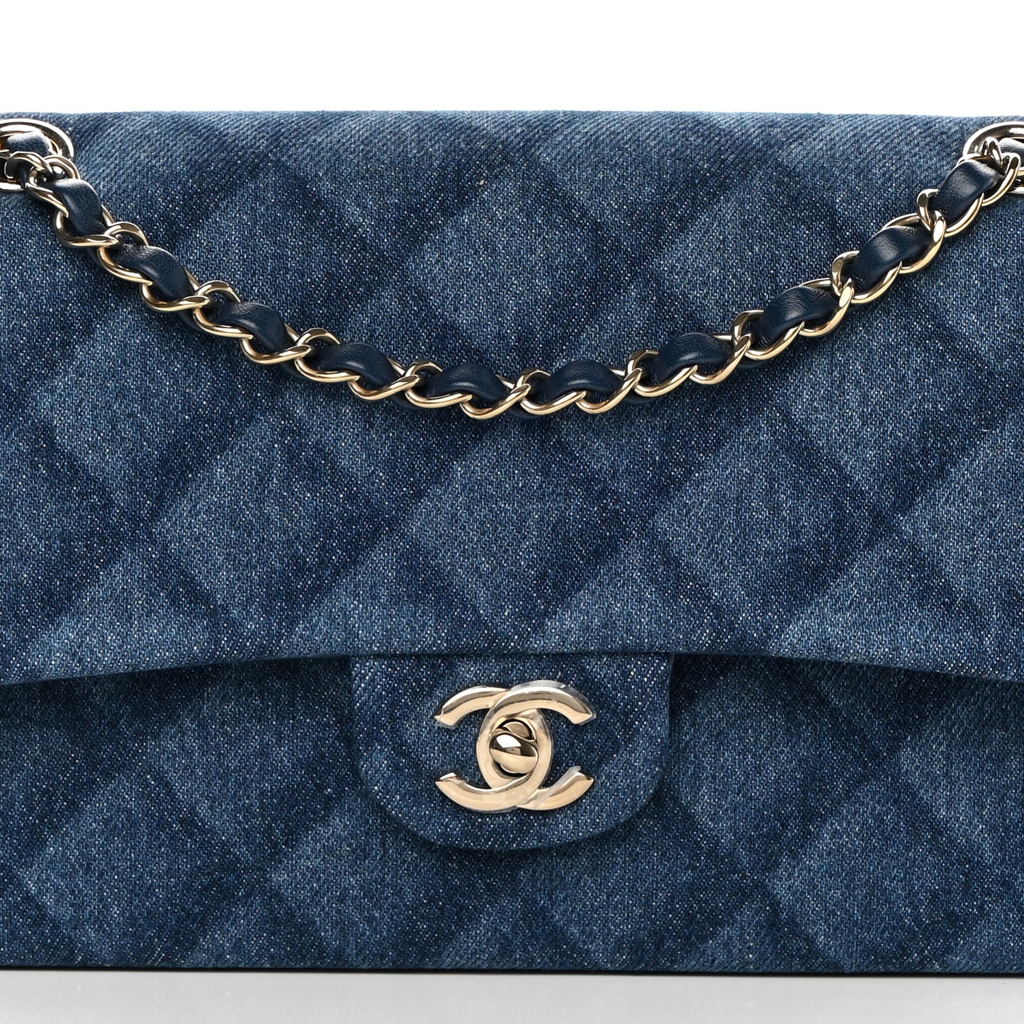 Printed Denim Quilted Medium Double Flap Dark Blue