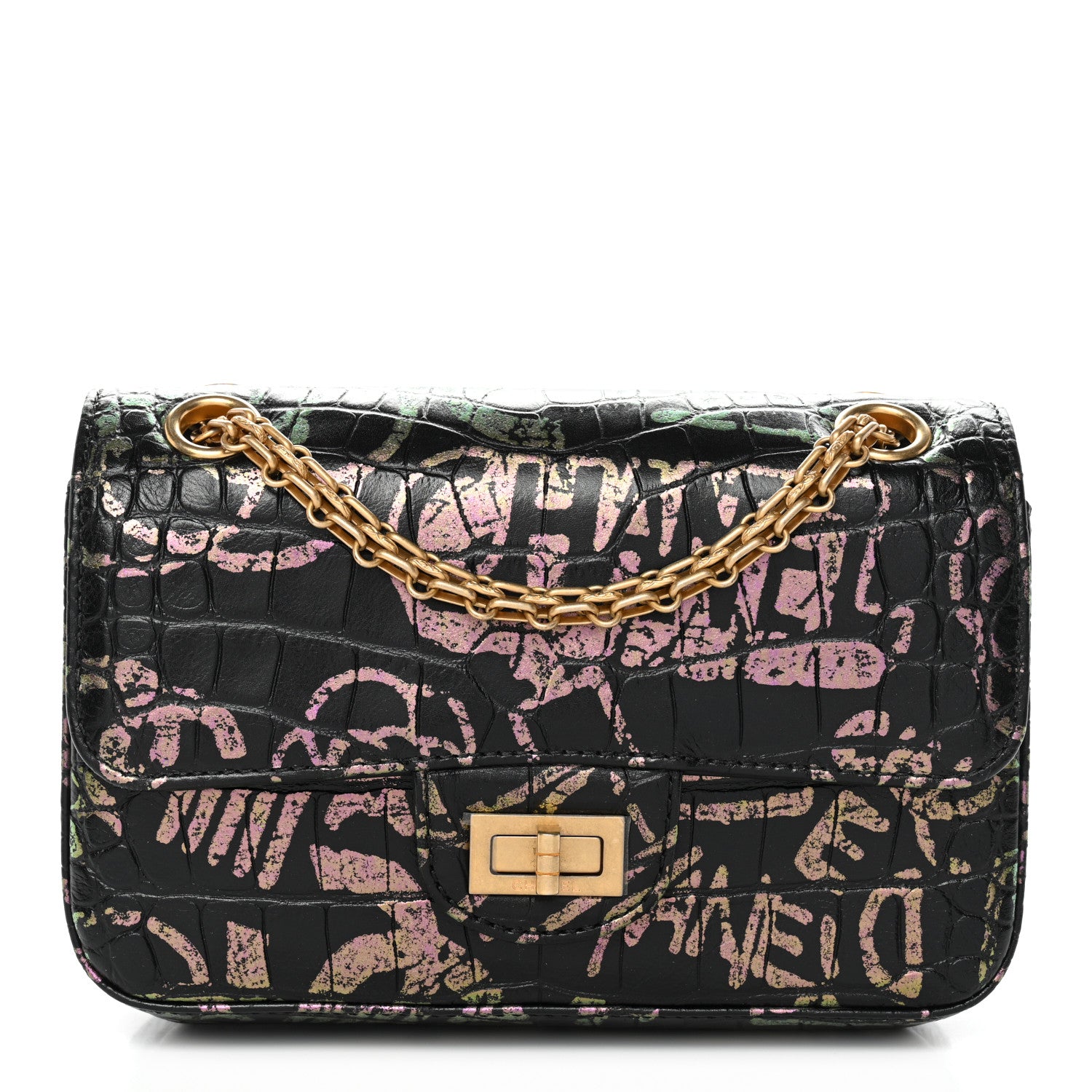 Chanel Calfskin Crocodile Embossed Graffiti 2.55 Mini Cocodile Reissue Flap Black Pink 1 of 11