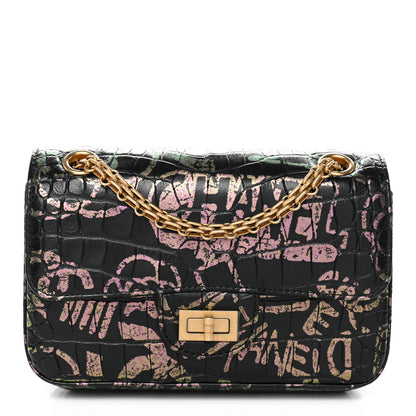 Chanel Calfskin Crocodile Embossed Graffiti 2.55 Mini Cocodile Reissue Flap Black Pink 1 of 11