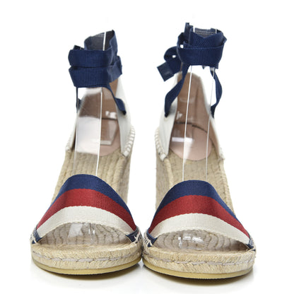 Gucci Canvas Sylvie Web Ankle Wrap Espadrille Wedge Sandals 39.5 Mystic White Hibiscus Red Maritime 2 of 8