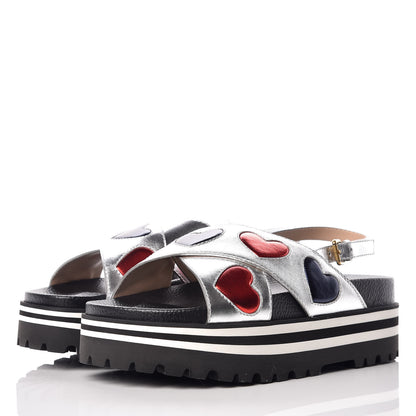 Gucci Metallic Nappa Silk Sunrise Heart Crossover Platform Lug Sole Sandals 39 Argento 3 of 7