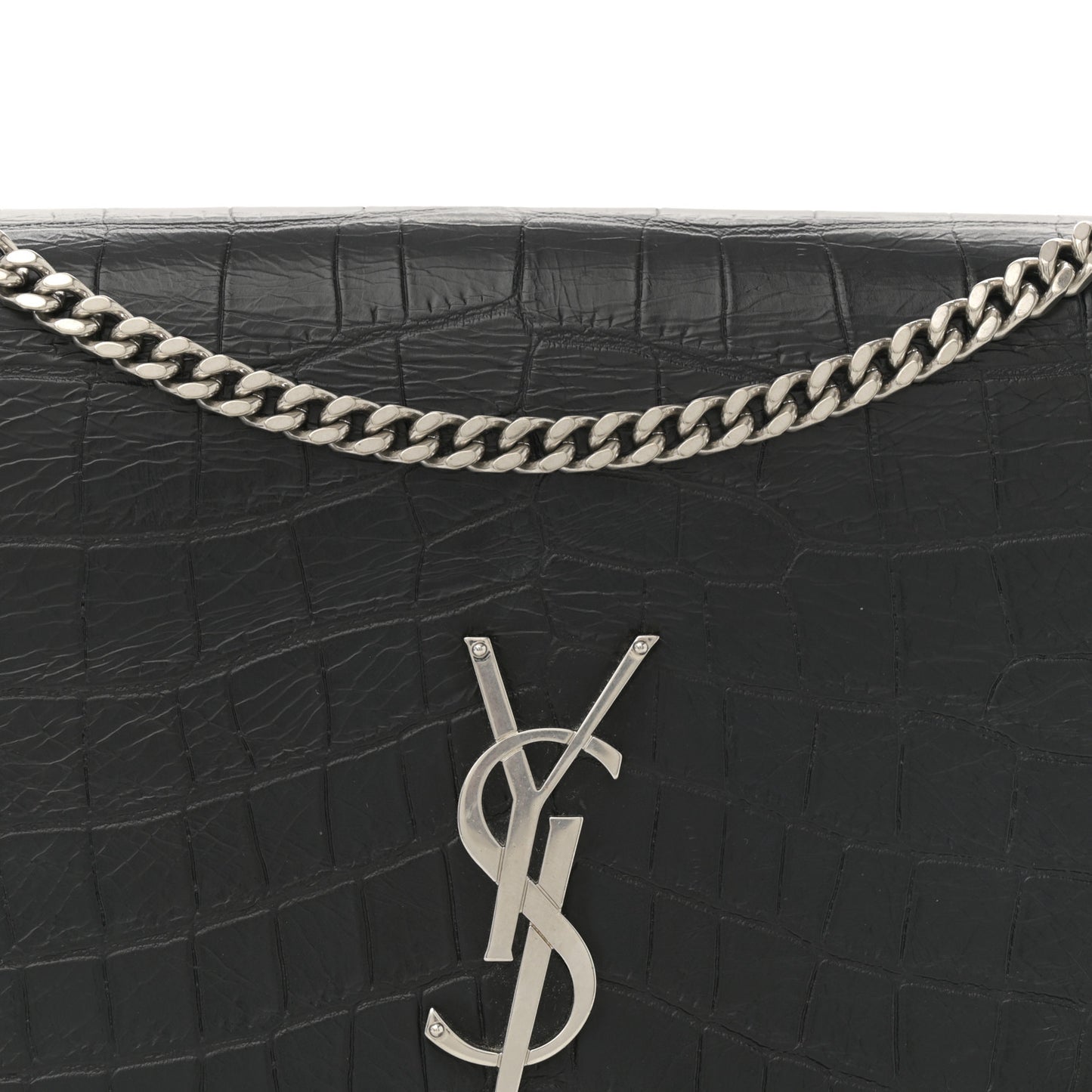 Calfskin Crocodile Embossed Medium Classic Monogram Kate Tassel Satchel Black