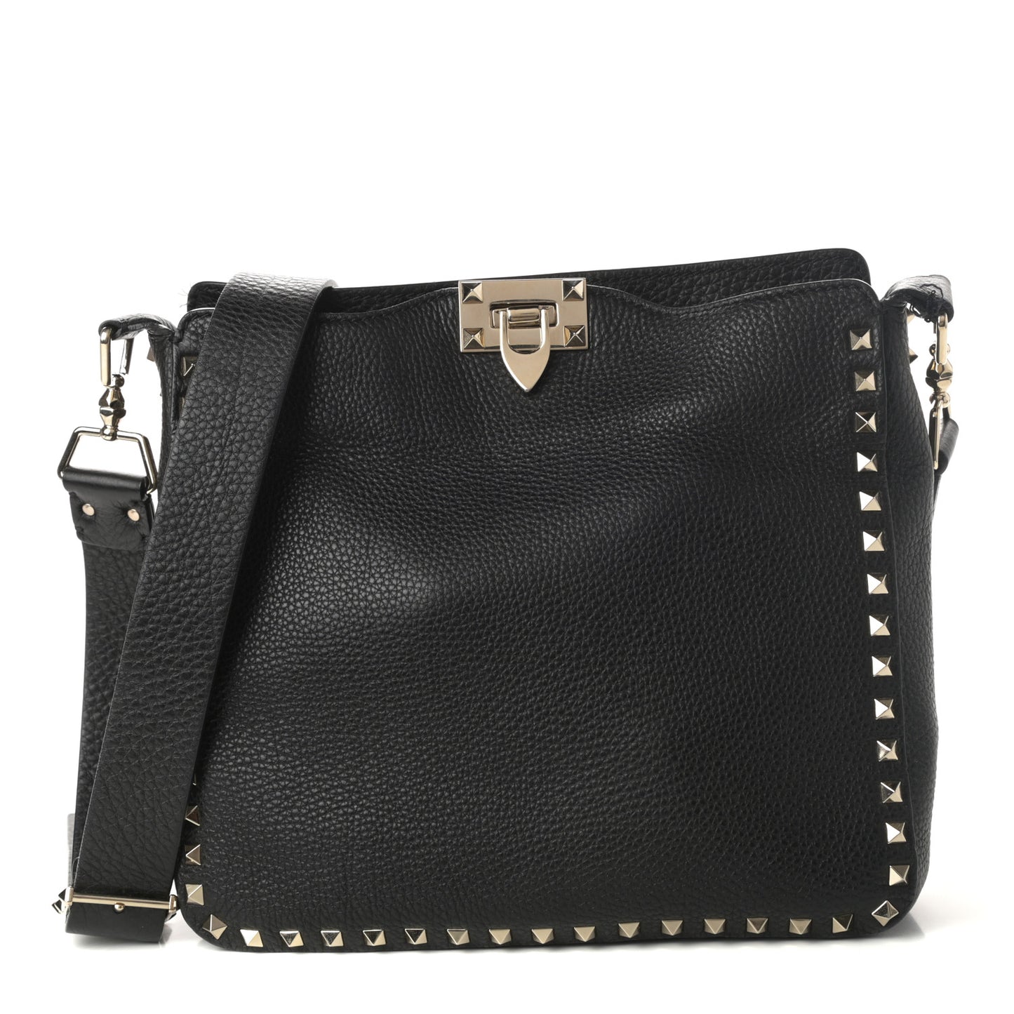 Pebbled Calfskin Small Rockstud Flip-Lock Messenger Bag Black