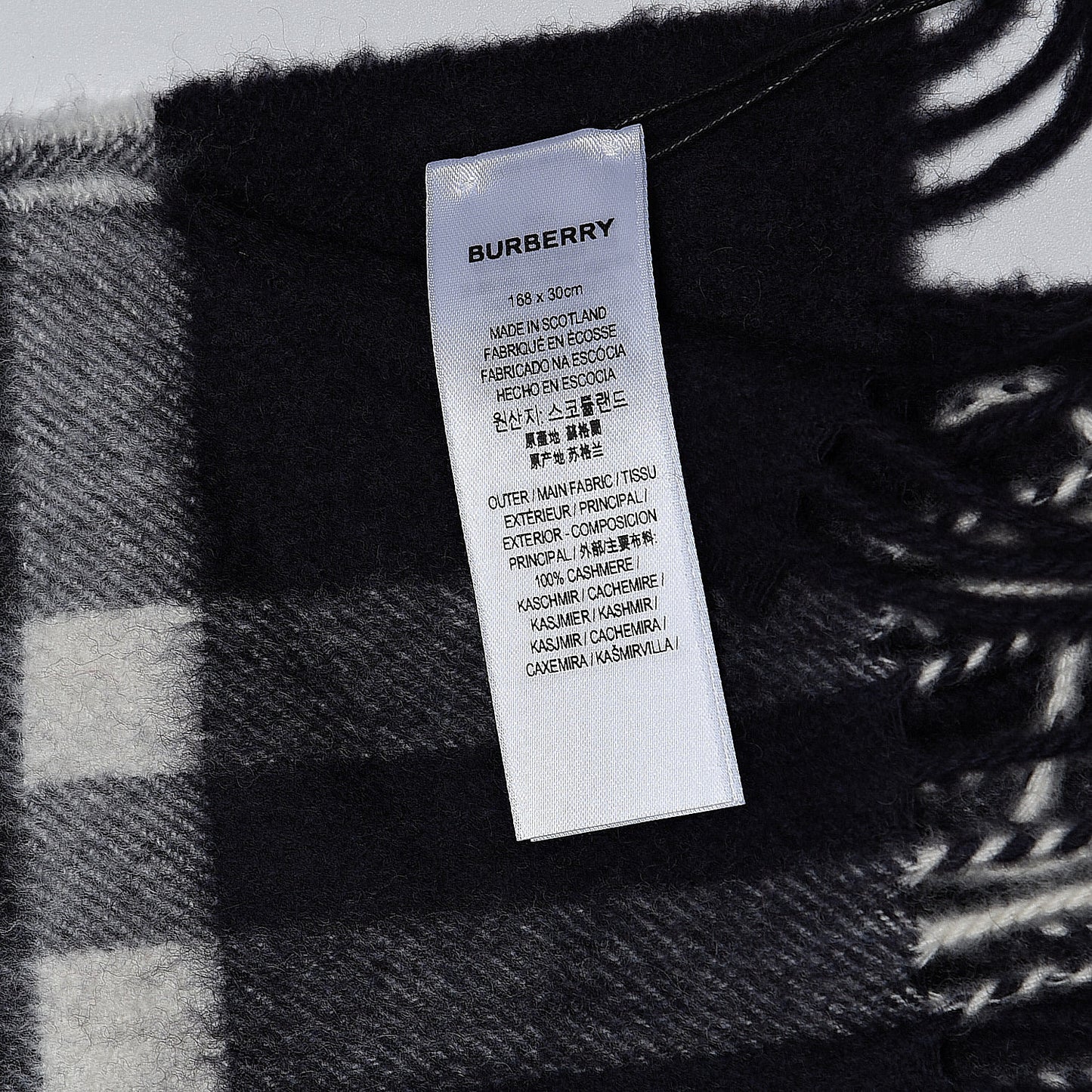 Cashmere Giant Check Fringe Scarf Navy