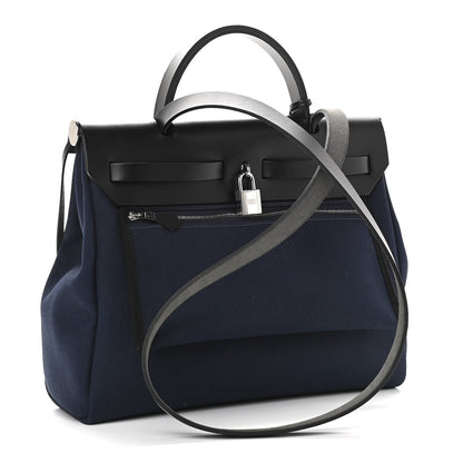 Hermes Military Toile Vache Hunter Herbag Zip Retourne 31 PM Bleu Marine Black 4 of 11